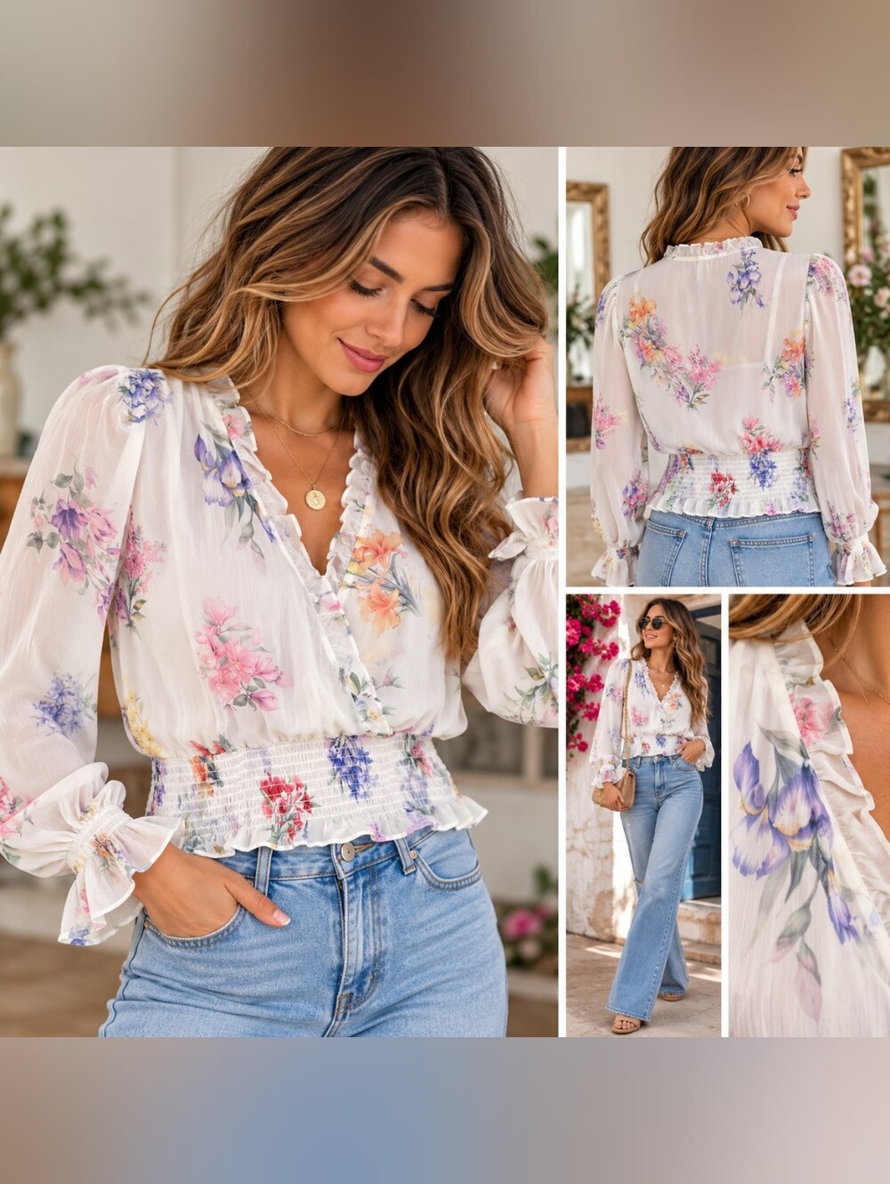 NWT Joie Floral Ruffle Smocked Waist Romantic Blouse Top XS